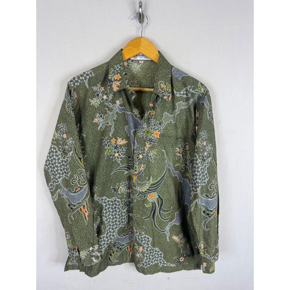 Batik Keris Mens Long Sleeve Button Up Shirt Olive Green Cotton Print Size 16